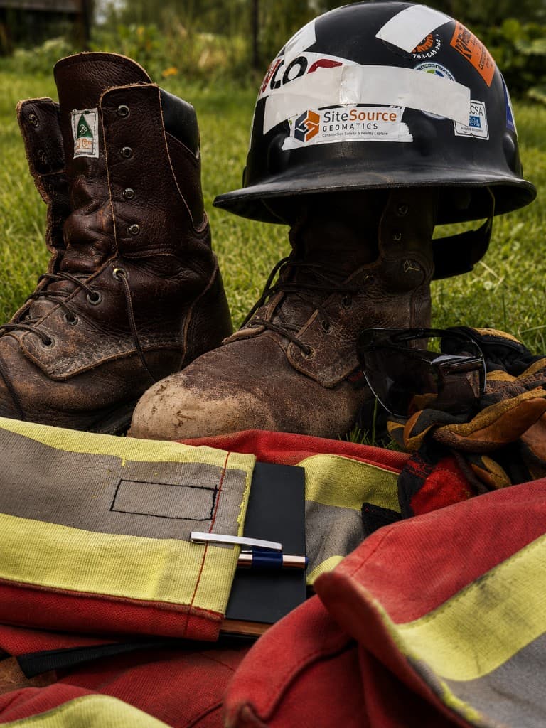 SiteSource hard hat, boots, and safety gear ready for the field